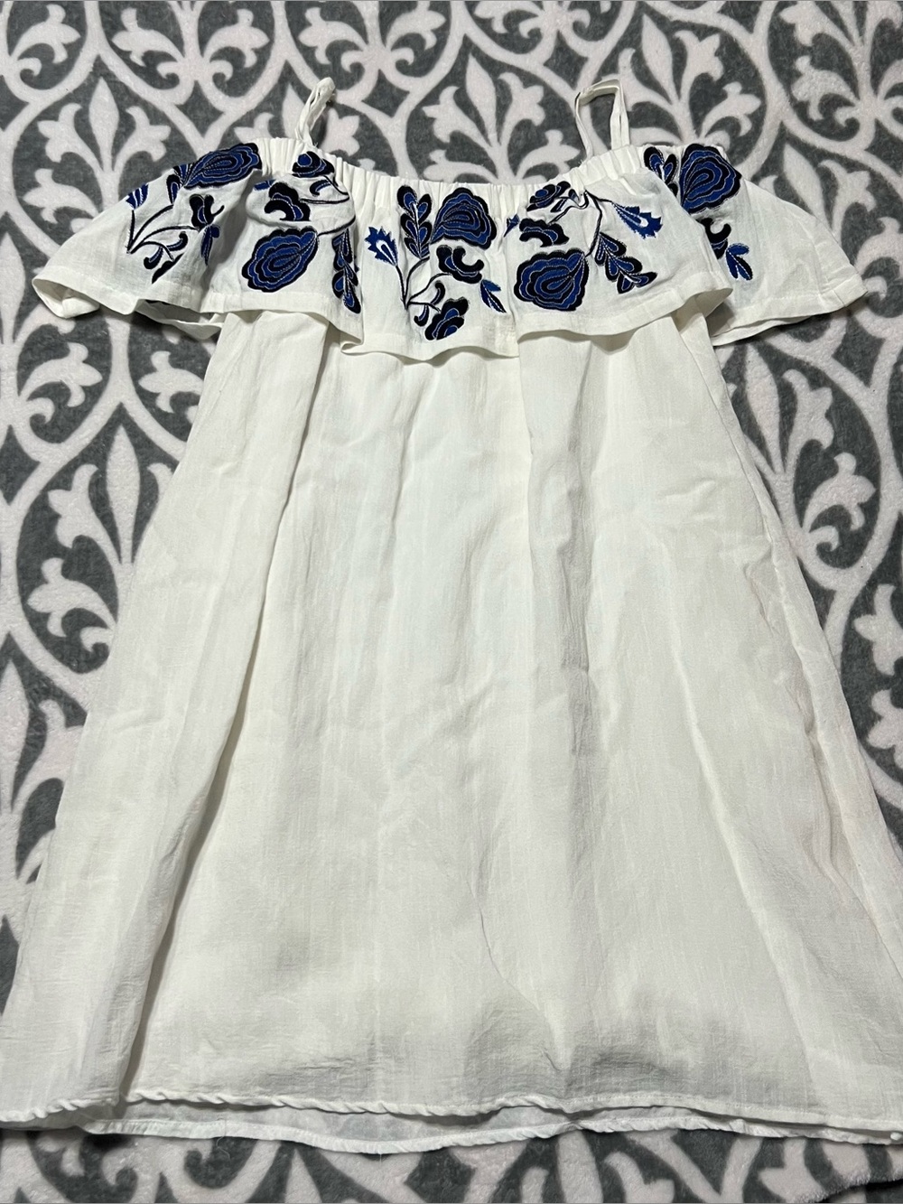 Paper+Crane Women’s White Off Shoulder Dress with Blue Floral Embroidery